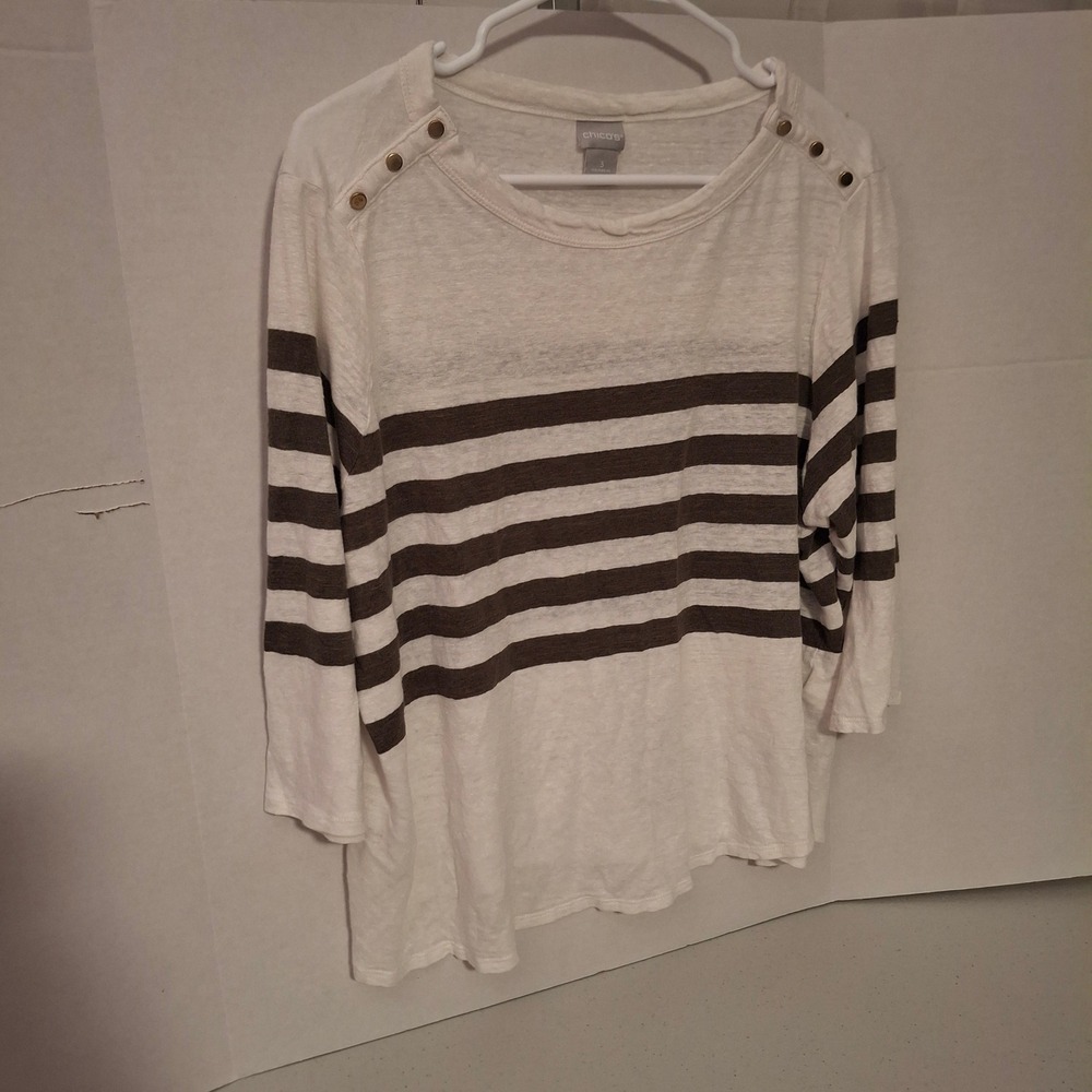 Chico's White Gray‎ Striped 100% Linen Button Shoulder Top Size 3 XL Nautical